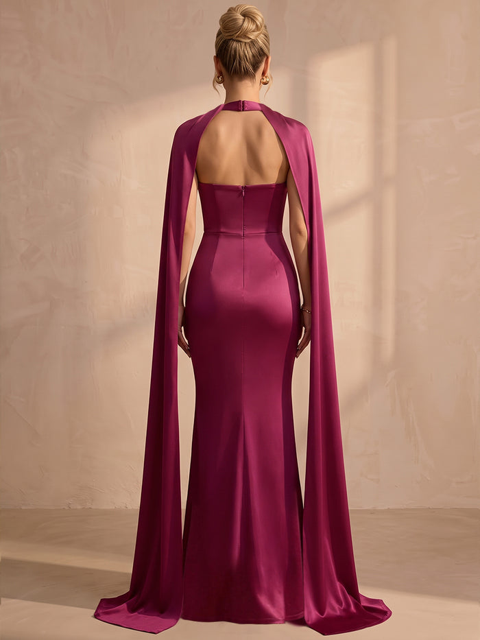 Satin Mermaid Halter Maxi Formal Dresses with Flowing Sash