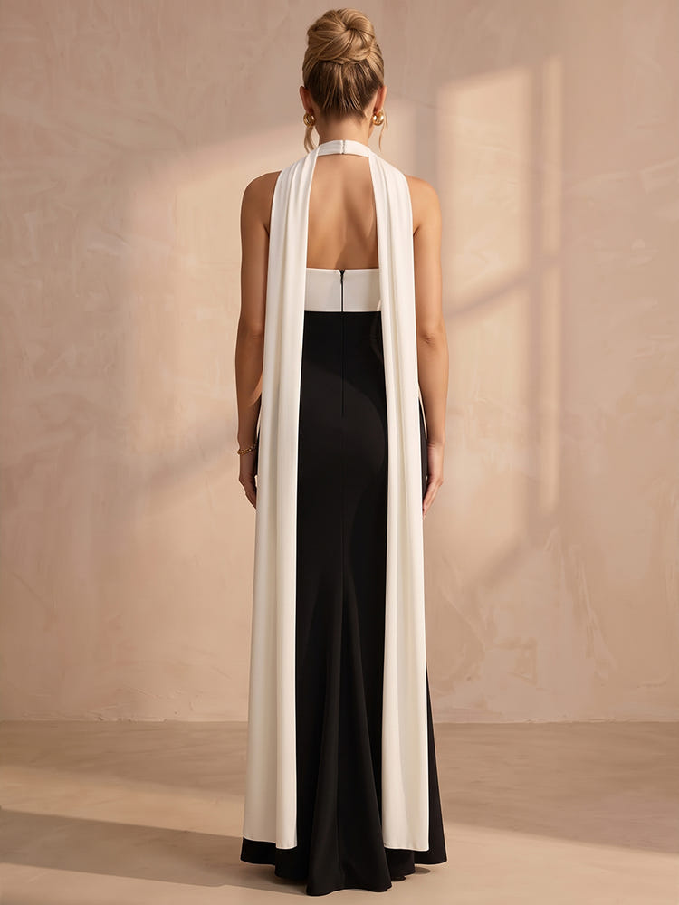 Jersey Mermaid Halter Maxi Formal Dresses with Flowing Sash