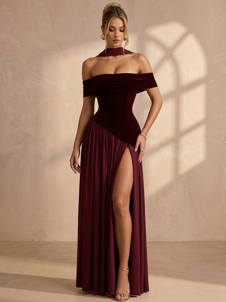 Velvet A-Line Off Shoulder Maxi Formal Dresses with Scarf
