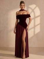Velvet A-Line Off Shoulder Maxi Formal Dresses with Scarf