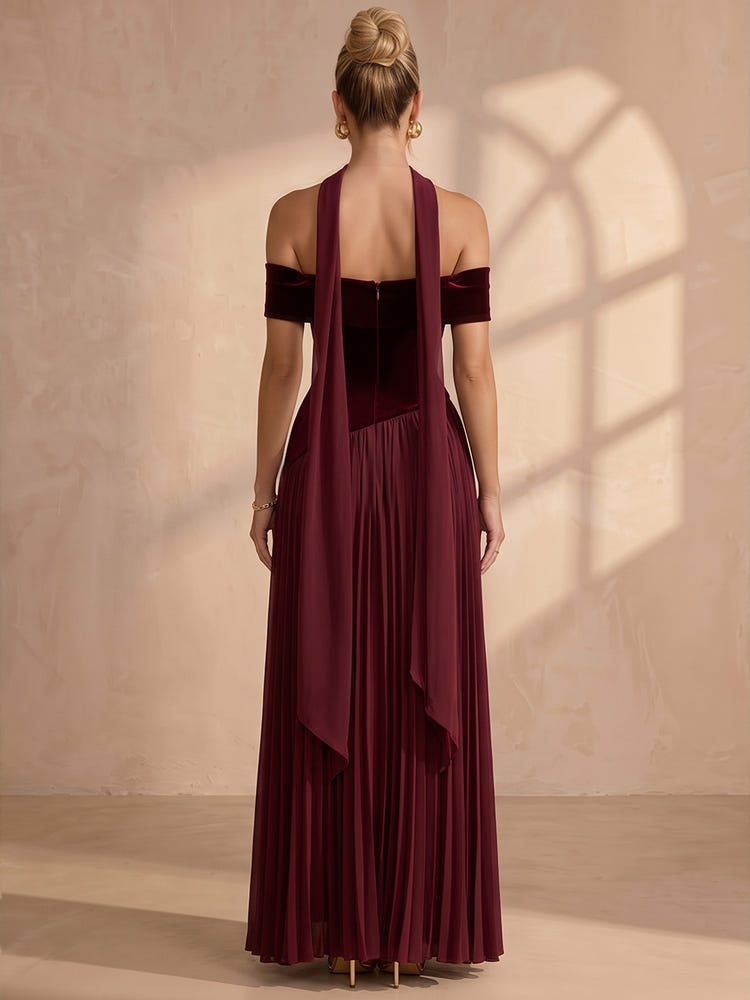 Velvet A-Line Off Shoulder Maxi Formal Dresses with Scarf