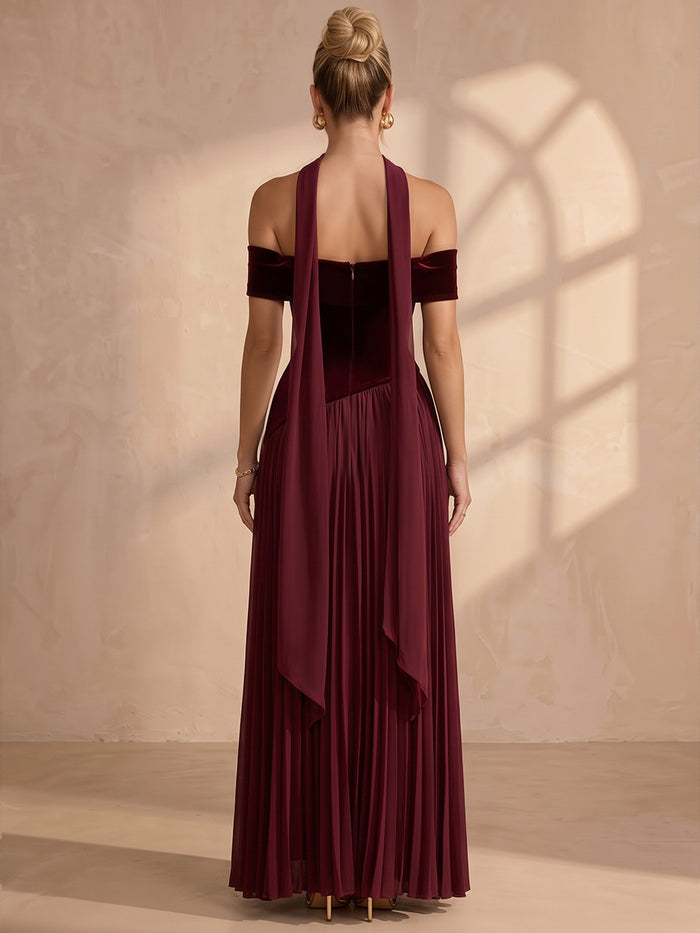 Velvet A-Line Off Shoulder Maxi Formal Dresses with Scarf
