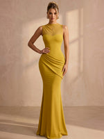 Jersey Mermaid High Neck Maxi Formal Dresses with Side Waist Ruched