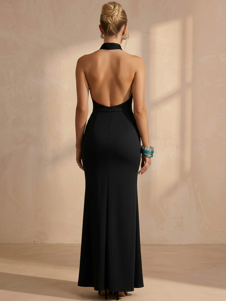 Satin Mermaid Halter Maxi Formal Dresses with Deep V Neck