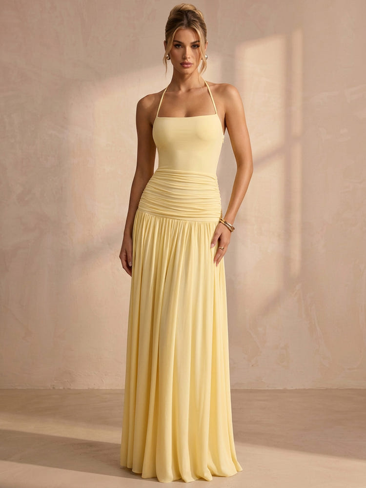Chiffon A-Line Halter Maxi Formal Dresses with Delicate Pleated