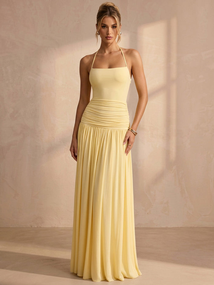 Chiffon A-Line Halter Maxi Formal Dresses with Delicate Pleated
