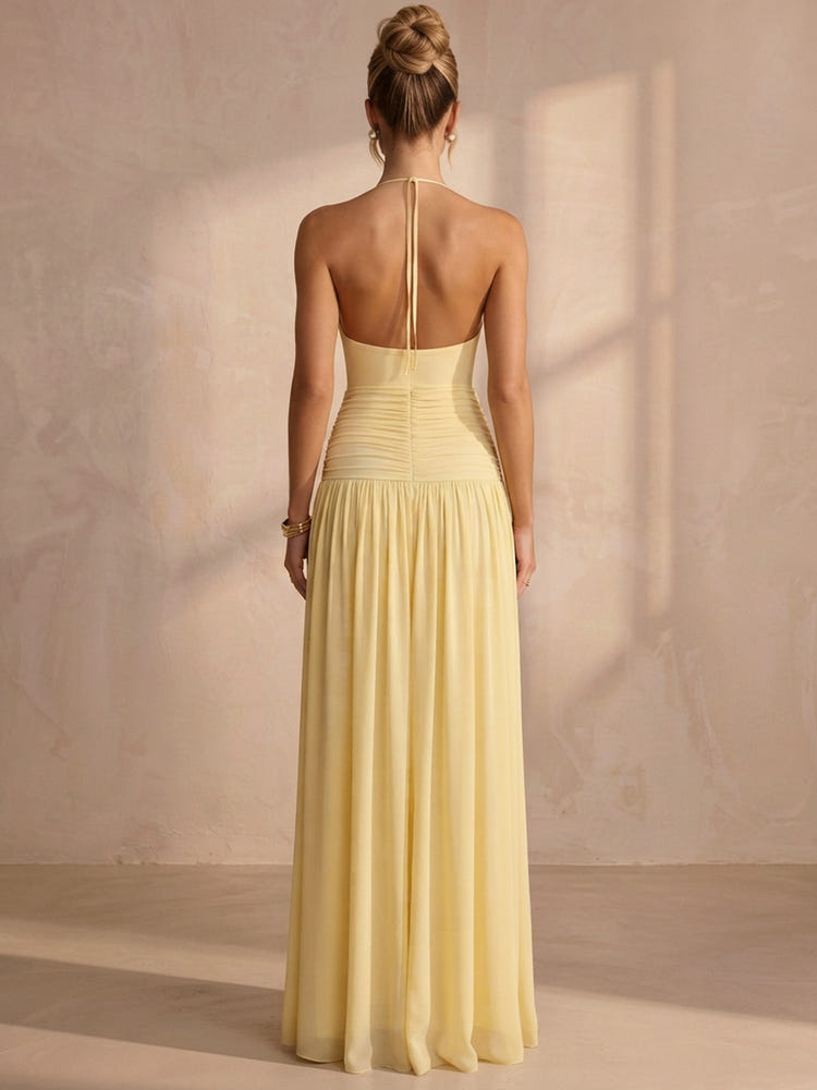 Chiffon A-Line Halter Maxi Formal Dresses with Delicate Pleated
