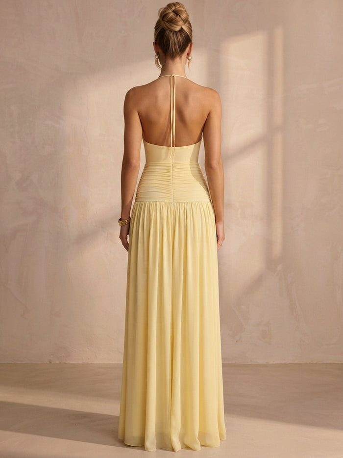 Chiffon A-Line Halter Maxi Formal Dresses with Delicate Pleated