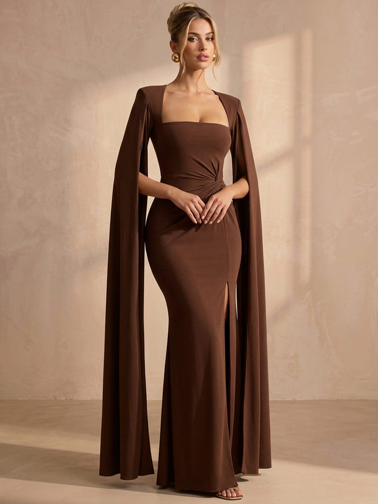 Jersey Mermaid Square Neck Maxi Formal Dresses with Flowing Sash