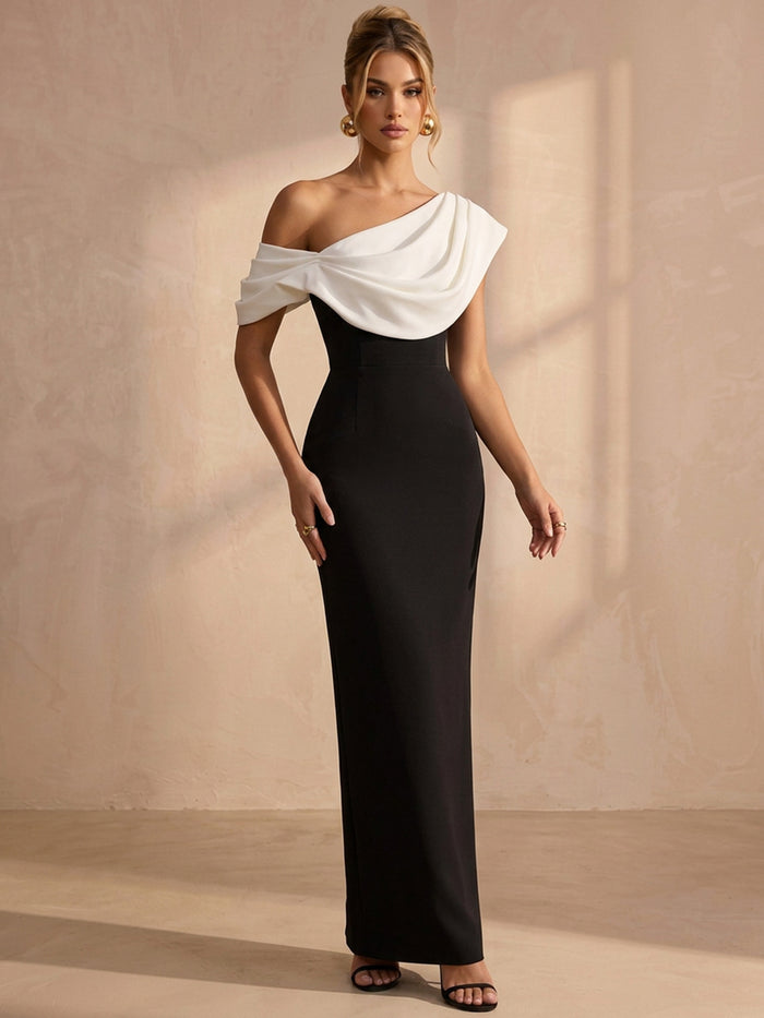Jersey Mermaid One Shoulder Maxi Formal Dresses with Draped Cowl Overlay