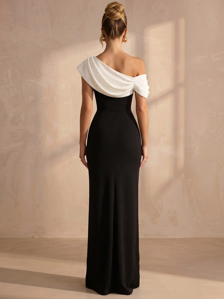 Jersey Mermaid One Shoulder Maxi Formal Dresses with Draped Cowl Overlay