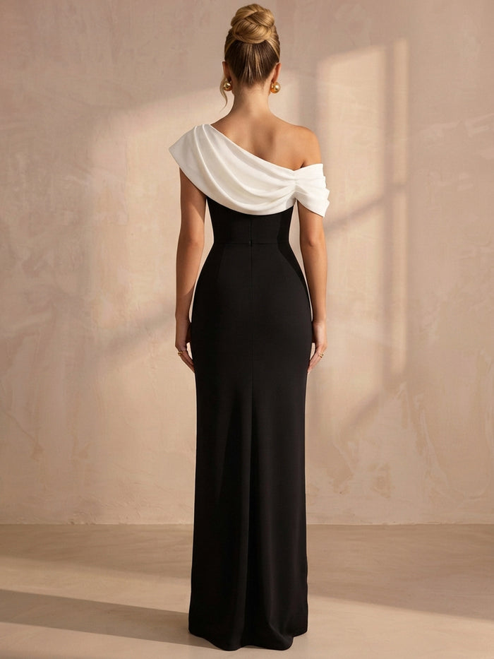 Jersey Mermaid One Shoulder Maxi Formal Dresses with Draped Cowl Overlay