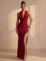 Jersey Mermaid Halter Maxi Formal Dresses with Side Waist Ruched