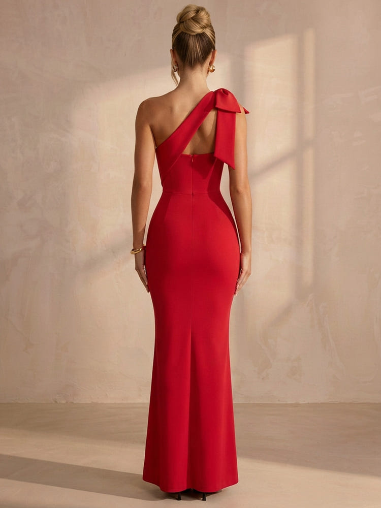 Jersey Mermaid One Shoulder Maxi Formal Dresses with Bow