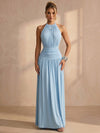 Jersey A-Line Halter Maxi Formal Dresses with Wide Defined Waistband