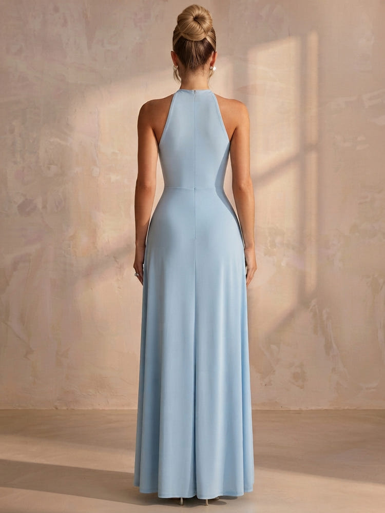 Jersey A-Line Halter Maxi Formal Dresses with Wide Defined Waistband