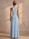 Jersey A-Line Halter Maxi Formal Dresses with Wide Defined Waistband