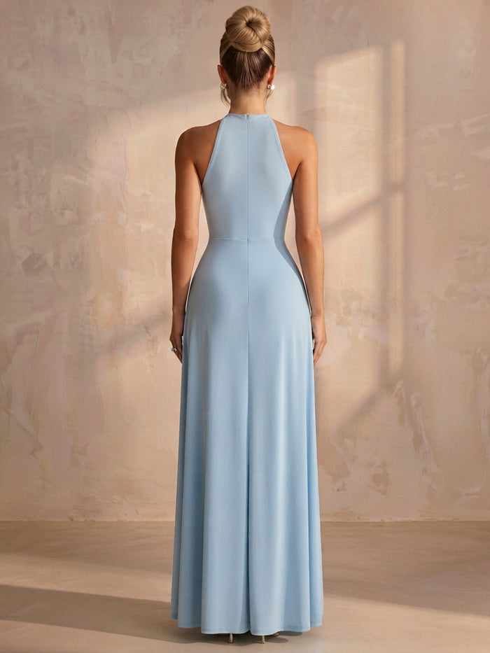 Jersey A-Line Halter Maxi Formal Dresses with Wide Defined Waistband