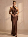 Satin Mermaid Halter Maxi Formal Dresses with Twisted Knot