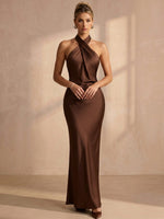 Satin Mermaid Halter Maxi Formal Dresses with Twisted Knot