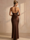 Satin Mermaid Halter Maxi Formal Dresses with Twisted Knot