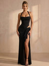 Jersey Mermaid Halter Maxi Formal Dresses with Ruffles