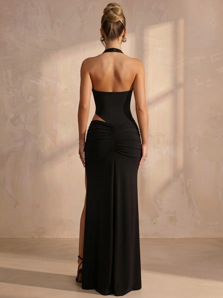 Jersey Mermaid Halter Maxi Formal Dresses with Ruffles