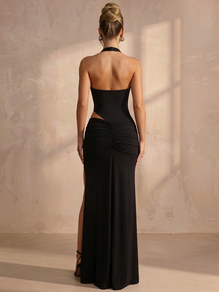Jersey Mermaid Halter Maxi Formal Dresses with Ruffles
