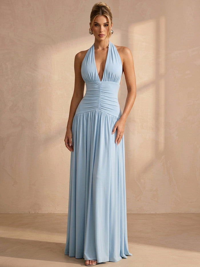 Chiffon A-Line Halter Maxi Formal Dresses with Ruched