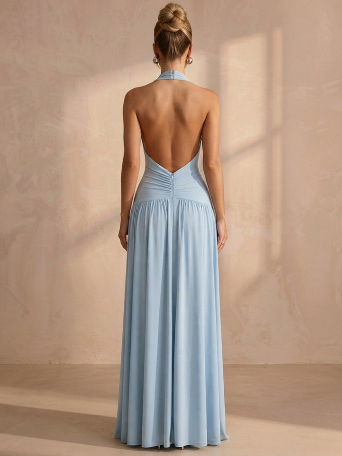 Chiffon A-Line Halter Maxi Formal Dresses with Ruched