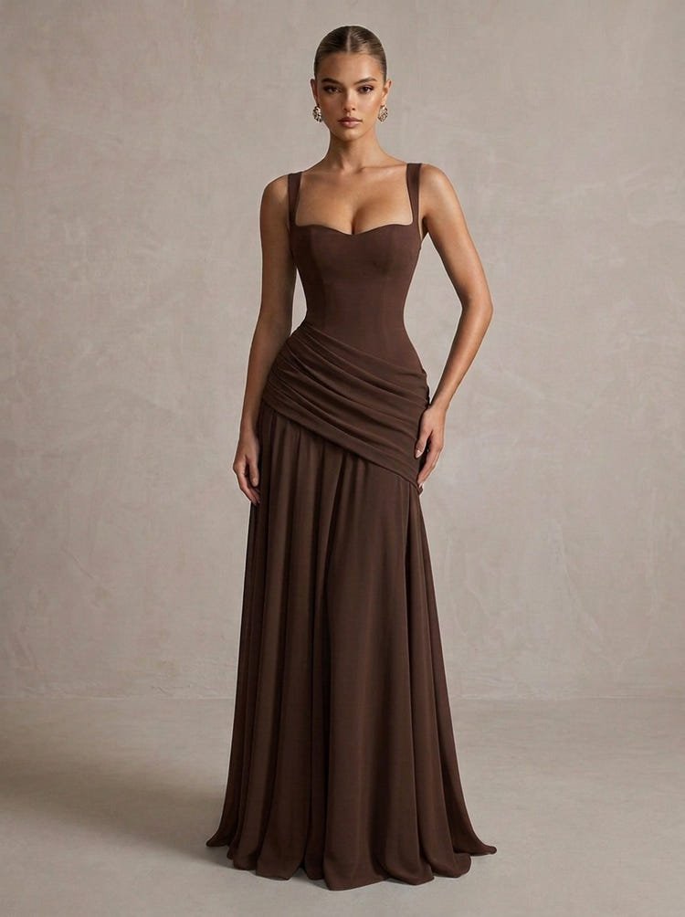 Chiffon A-Line Square Neck Maxi Formal Dresses with Corset Bodice