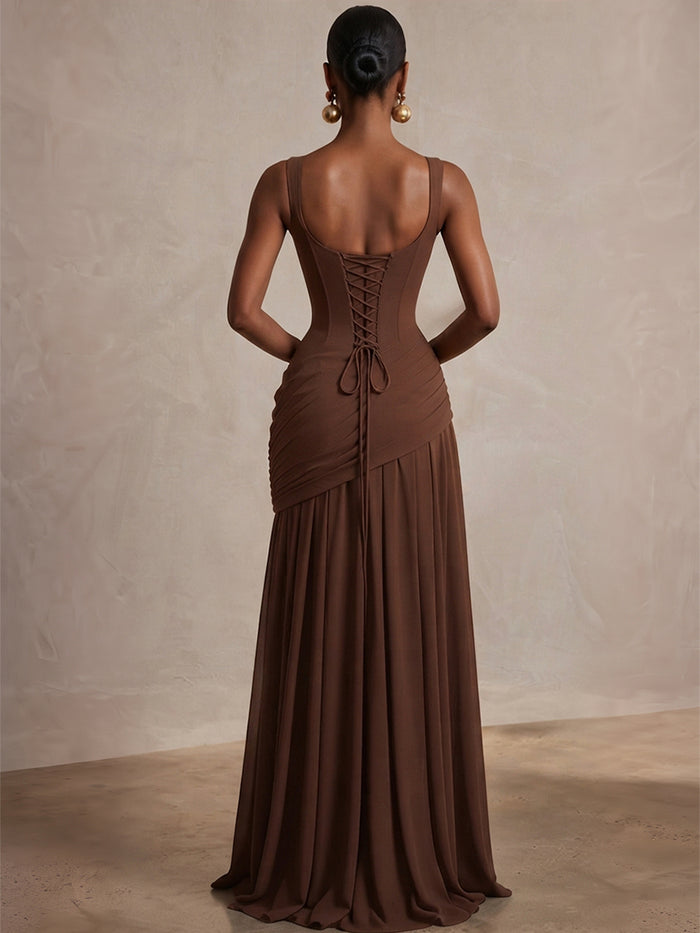 Chiffon A-Line Square Neck Maxi Formal Dresses with Corset Bodice