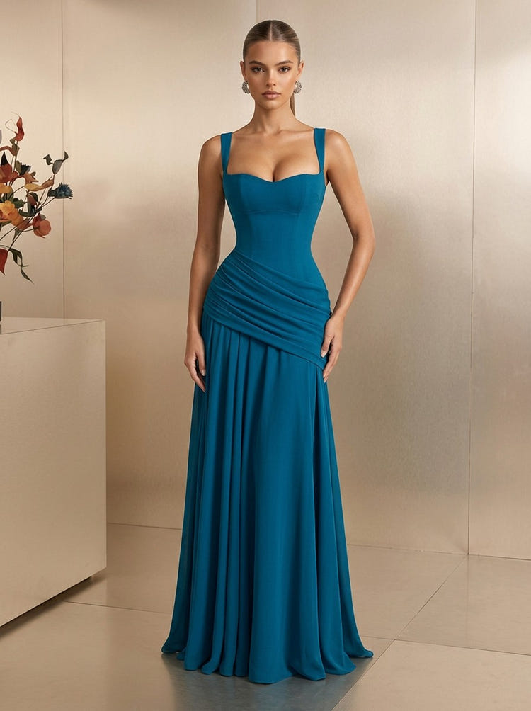 Chiffon A-Line Square Neck Maxi Formal Dresses with Corset Bodice