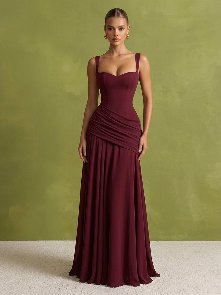 Chiffon A-Line Square Neck Maxi Formal Dresses with Corset Bodice