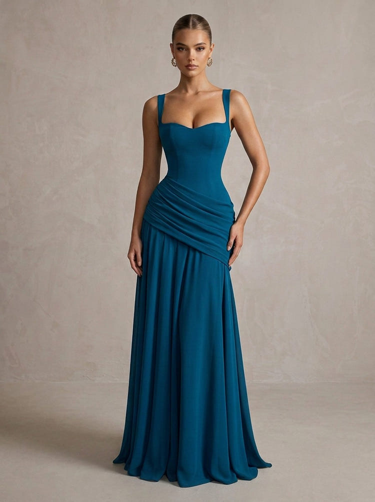 Chiffon A-Line Square Neck Maxi Formal Dresses with Corset Bodice