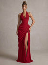Jersey Mermaid Halter Maxi Formal Dresses with Side Waist Ruched
