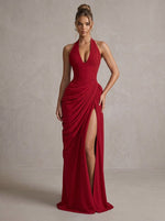 Jersey Mermaid Halter Maxi Formal Dresses with Side Waist Ruched