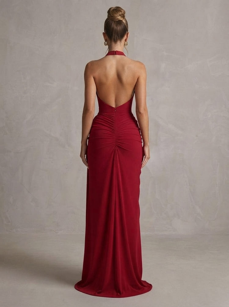 Jersey Mermaid Halter Maxi Formal Dresses with Side Waist Ruched