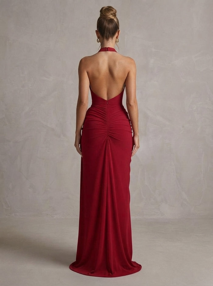 Jersey Mermaid Halter Maxi Formal Dresses with Side Waist Ruched