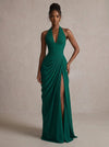 Jersey Mermaid Halter Maxi Formal Dresses with Side Waist Ruched