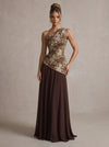 Jacquard A-Line One Shoulder Maxi Formal Dresses with Draped Ruched Asymmetrical Bodice
