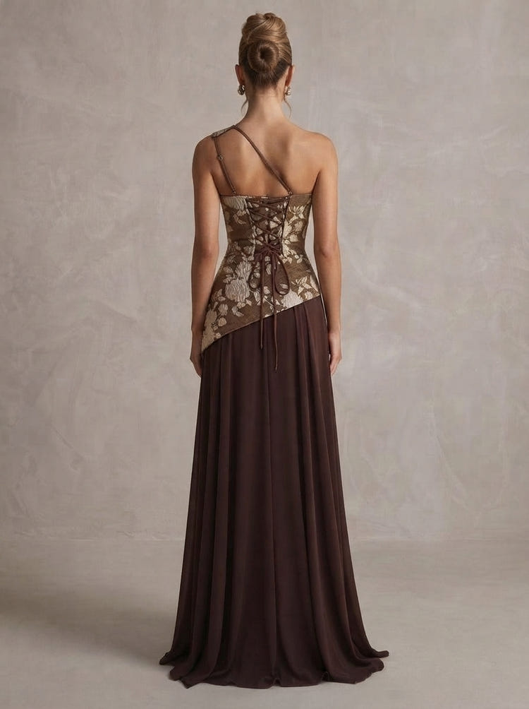 Jacquard A-Line One Shoulder Maxi Formal Dresses with Draped Ruched Asymmetrical Bodice