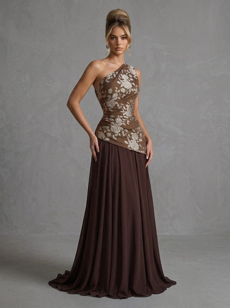 Jacquard A-Line One Shoulder Maxi Formal Dresses with Draped Ruched Asymmetrical Bodice