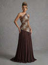 Jacquard A-Line One Shoulder Maxi Formal Dresses with Draped Ruched Asymmetrical Bodice