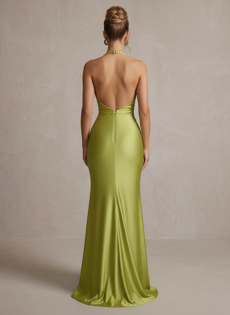 Satin Mermaid Halter Maxi Formal Dresses with Twisted Knot