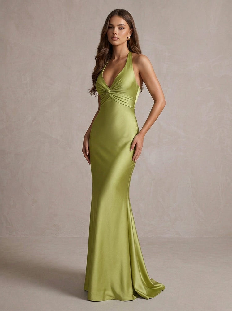 Satin Mermaid Halter Maxi Formal Dresses with Twisted Knot