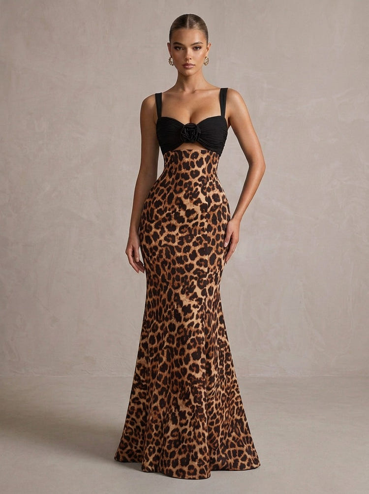 Jersey Mermaid Sweetheart Maxi Formal Dresses with Leopard Print