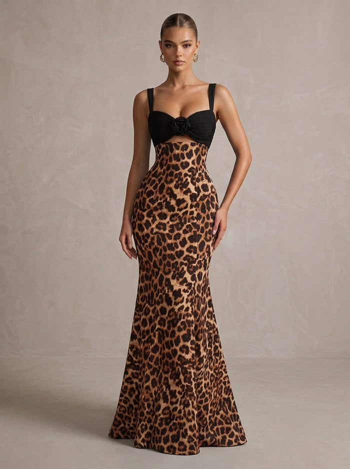 Jersey Mermaid Sweetheart Maxi Formal Dresses with Leopard Print
