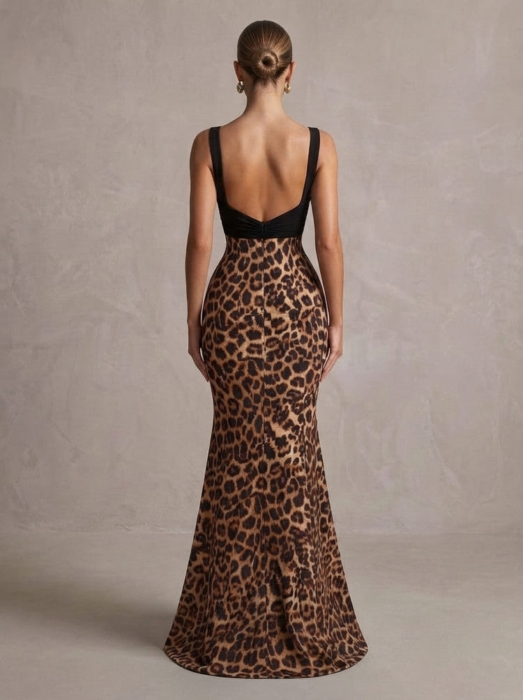 Jersey Mermaid Sweetheart Maxi Formal Dresses with Leopard Print