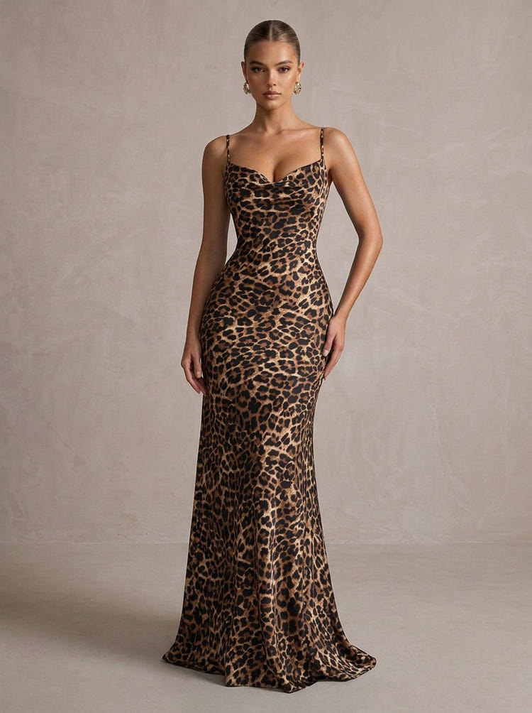 Jersey Mermaid Spaghetti Straps Maxi Formal Dresses with Leopard Print